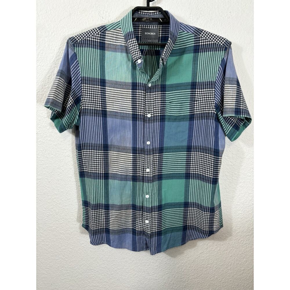 Bonobos Shirt XL Slim Fit Plaid Preppy Multicolored Cotton Button Short Sleeve